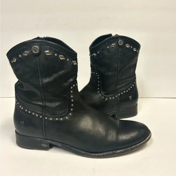 Frye Melissa Studded Boots Vintage Short Ankle Black Leather Women Sz 7 Moto - Picture 10 of 16